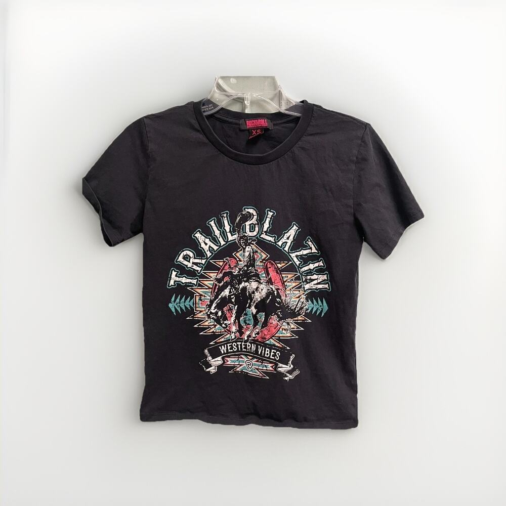 Rock & Roll Cowgirl Western Rodeo Baby Tee Size XS Womens Graphic Trail Blazin